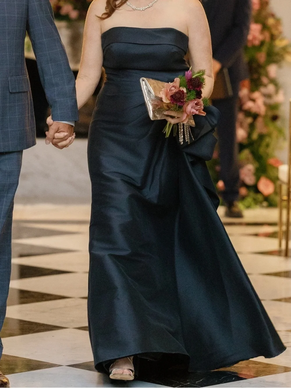 Terani Couture Strapless Navy Blue Taffeta Gown with Sculpted Rosette - Picture 7 of 9